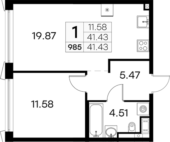 1-комнатная квартира 41.43 м², 18/19 эт., ЖК «GloraX Aura Vasileostrovsky»